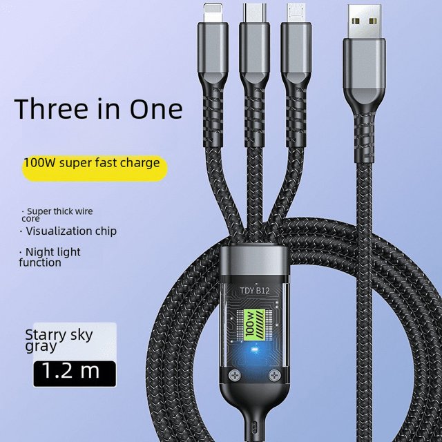 Cable de datos trenzado de carga ultrarrápida de 100 W, uno a tres, regalo, cable de carga flash tres en uno, cable de carga de 6 A