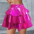 thumbnail image 2 of AHTJRT Girls Metallic Skirt 3 Layered Ruffled Shiny Sparkly Dance Disco Party Skirt Plain Flared Holographic Skort Hot Pink 11-12 Years, 2 of 3