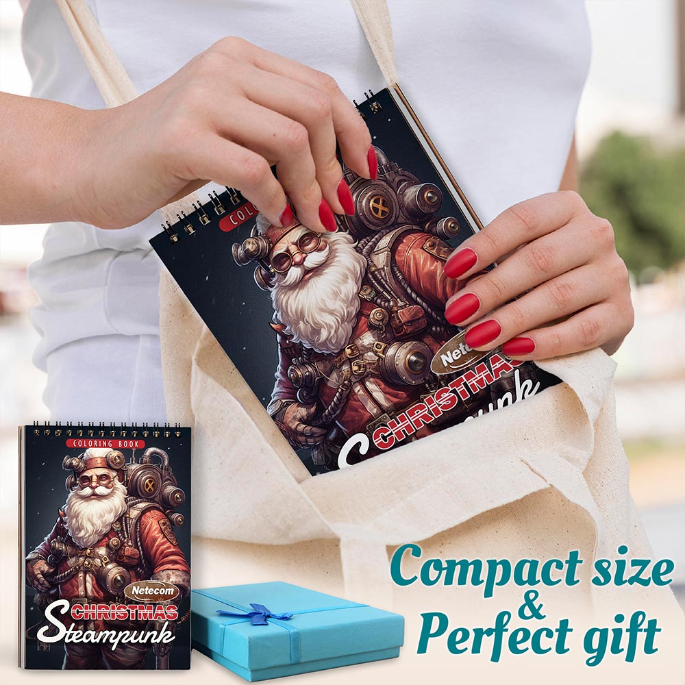 Netecom Steampunk Christmas Coloring Book Spiral Bound for Adults, A5 Wooden Cover, 30 Imaginative Coloring Pages of Vintage-Futuristic Santa Claus for Stress Relief and Relaxation