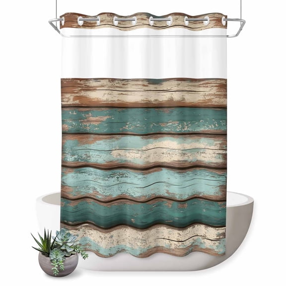 No Hook Shower Curtain, Farmhouse Teal Blue Brown Shower Curtains for Bathroom with See Through Top Window, Vintage Wooden Waterproof & Washable Bath Curtain 60"x72"