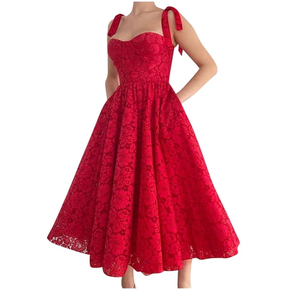 Tight Dress for Women Lace Prom Dress for Women Tie Strap Elegant Floral A-Line Tea Length Midi Dresses for Cocktail Evening Party Club Dress S-77 Red-a S