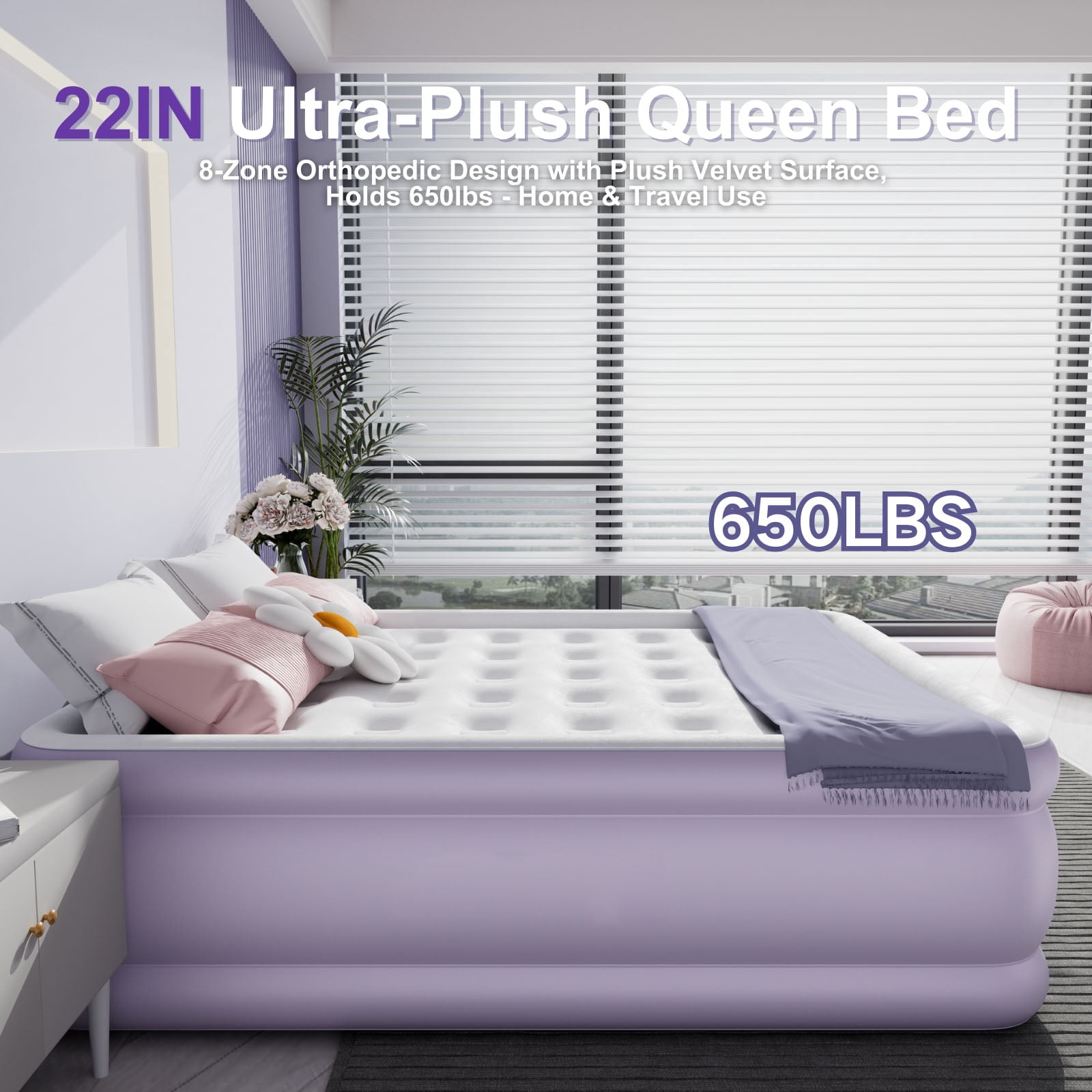 22" Luxury Queen Air Mattress with Built-In Battery Pump,Heavy-Duty Waterproof Veltex Surface for Indoor/Outdoor Use,Portable Inflatable Camping Bed & Guest Bed(Lavender Purple)