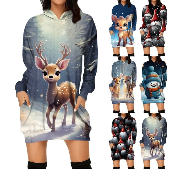 Women's Winter Dresses Fashion Women Christmas Prints Letter Print Hooded Pockets Sweatshirt Dress, Fall and Winter Comfortable Dress with Festive Design,Black,L