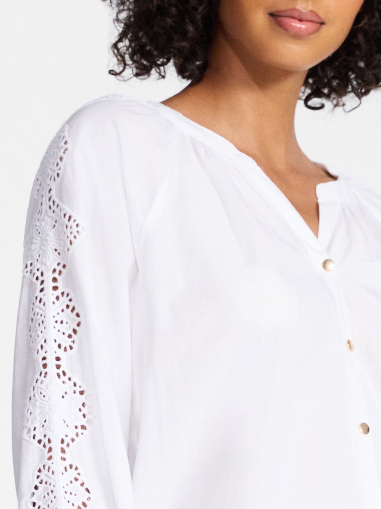 Time and Tru Women's Eyelet Blouse with Long Sleeves, Sizes XS-XXXL