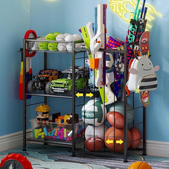 X-COSRACK Sports Equipment Storage Organizer, Metal Ball Storage Cart Rack with Elastic Straps & Removable Basket for Garage, Black