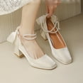 thumbnail image 2 of KIJBLAE Women's Pearl Ankle Strap Chunky Heel Pumps Square Toe Wedding Bridal Shoes Beige 36, 2 of 4