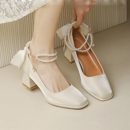 

WQJNWEQ Shoes Women Bridal Pearl Bow Ribbon Wedding for 2023 New Head Middle Heel Comfortable Thick Heel Fall Sale