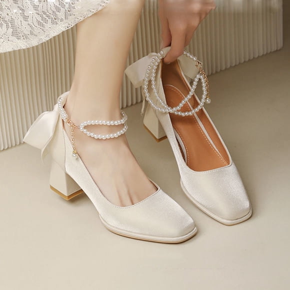 Cameland Bridal Shoes Pearl Bow Ribbon Wedding Shoes For Women New Head Middle Heel Comfortable Thick Heel
