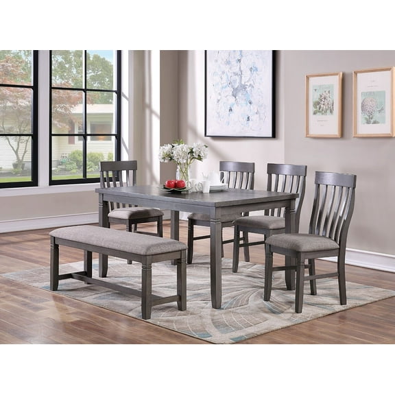 Unique Elegant Wood Design 6pc Dining Set Table 4x Side Chairs And Bench Cushioned Seats Oak Veneer Rubber wood Dining Room Furniture