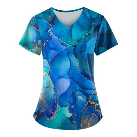 

QAZXD Scrubs Tops for Womens Print Short Sleeve Workwear Tops with Pockets Breathable V Neck Nursing