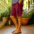 thumbnail image 2 of Womens Lightweight Breathable Knee Length Shorts Casual Vacation Elastic Waist Pleated Pocket Trousers Spring Summer Basic Capris Wine XXL, 2 of 6