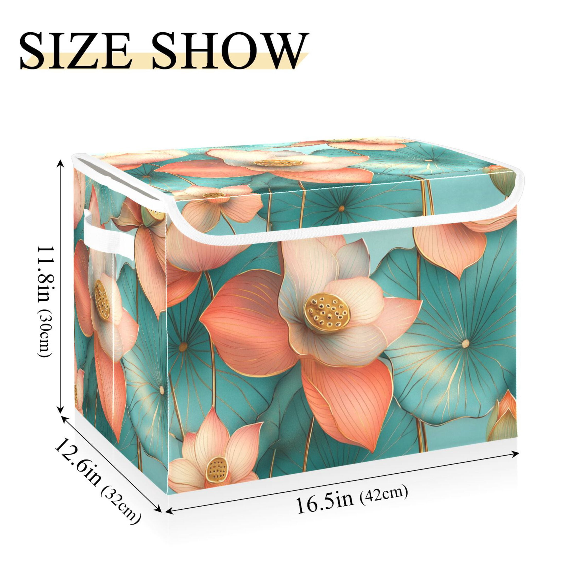 Pink Lotus Picture Large Storage Bins with Linen Collapsible Lid Storage Box 16.7 x 12.6 x 11.8in