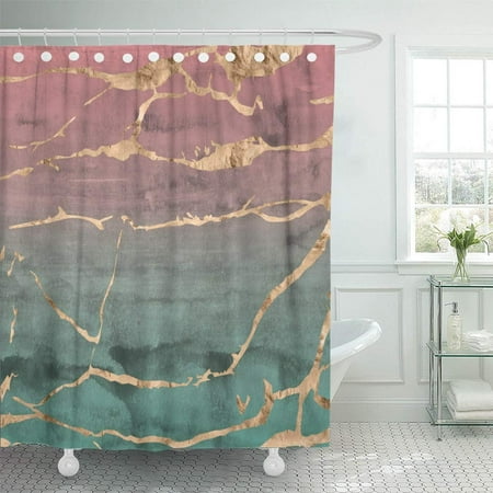 Gold Ombre PKNMT Sliced Marble with Rose Gold Overlaid on Pink and Green Hand Ombre Watercolor Waterproof Bathroom Shower Curtains Set 66x72 inch ()