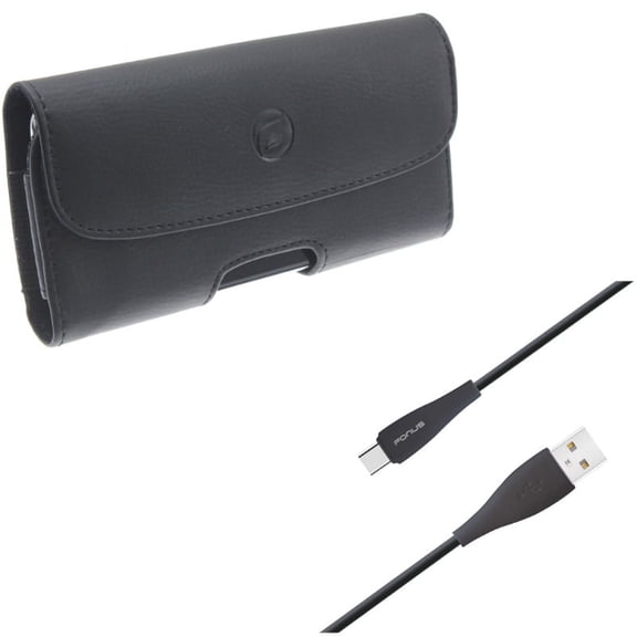 Black Leather Case Side Cover Protective Pouch w Durable TPE 6ft Long Type-C USB Cable Sync Wire W1P for Razer Phone 2 - Samsung Galaxy S9 Plus S10 Plus A50 - Sony Xperia XZ3 - Xiaomi Mi 9