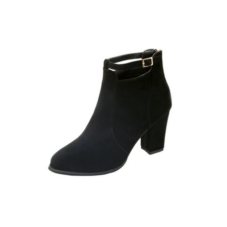 

Woobling Women Casual Chunky Ankle Boots Walking Anti-Slip Pointed Toe Winter Shoes Formal Buckle High Heel Booties Black 7.5