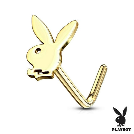 Aquamarine Gold Nose Ring - Nose L Bend Stud Rings with Playboy Bunny Top Surgical Steel 20g