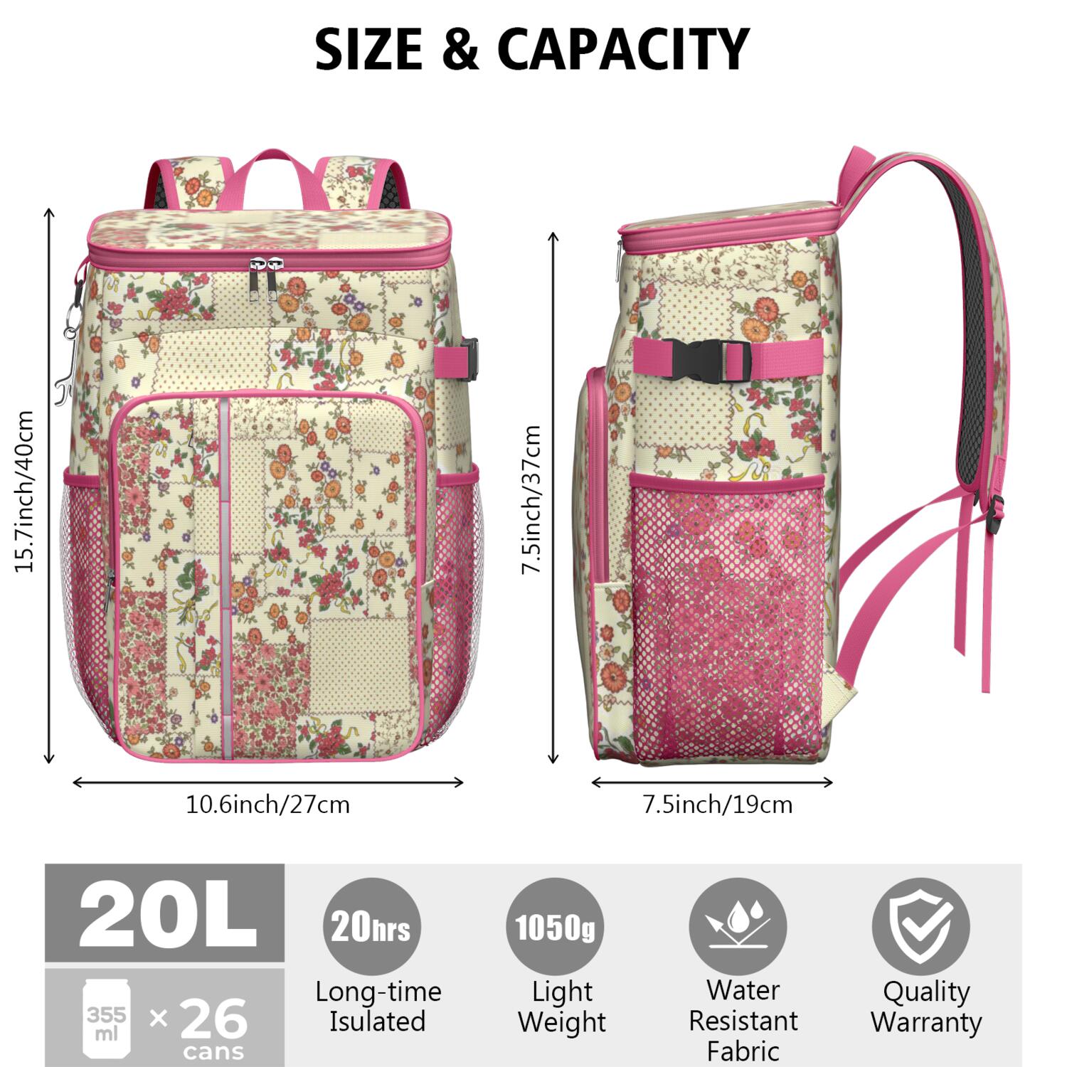 Travel Cooler Bag - Pioneer Flower Floral Print Pattern Camping Beer Cooler Backpack with Bottle Opener- Waterproof Insulated Picnic Backpacks - Cooler Bag for Beach