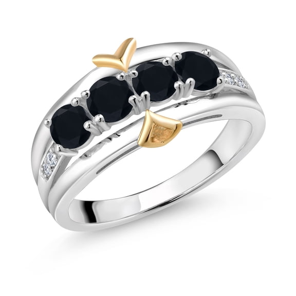 Gem Stone King 0.93 Ct Round Black Onyx 925 Silver and 10K Yellow Gold Ring (Size 7)