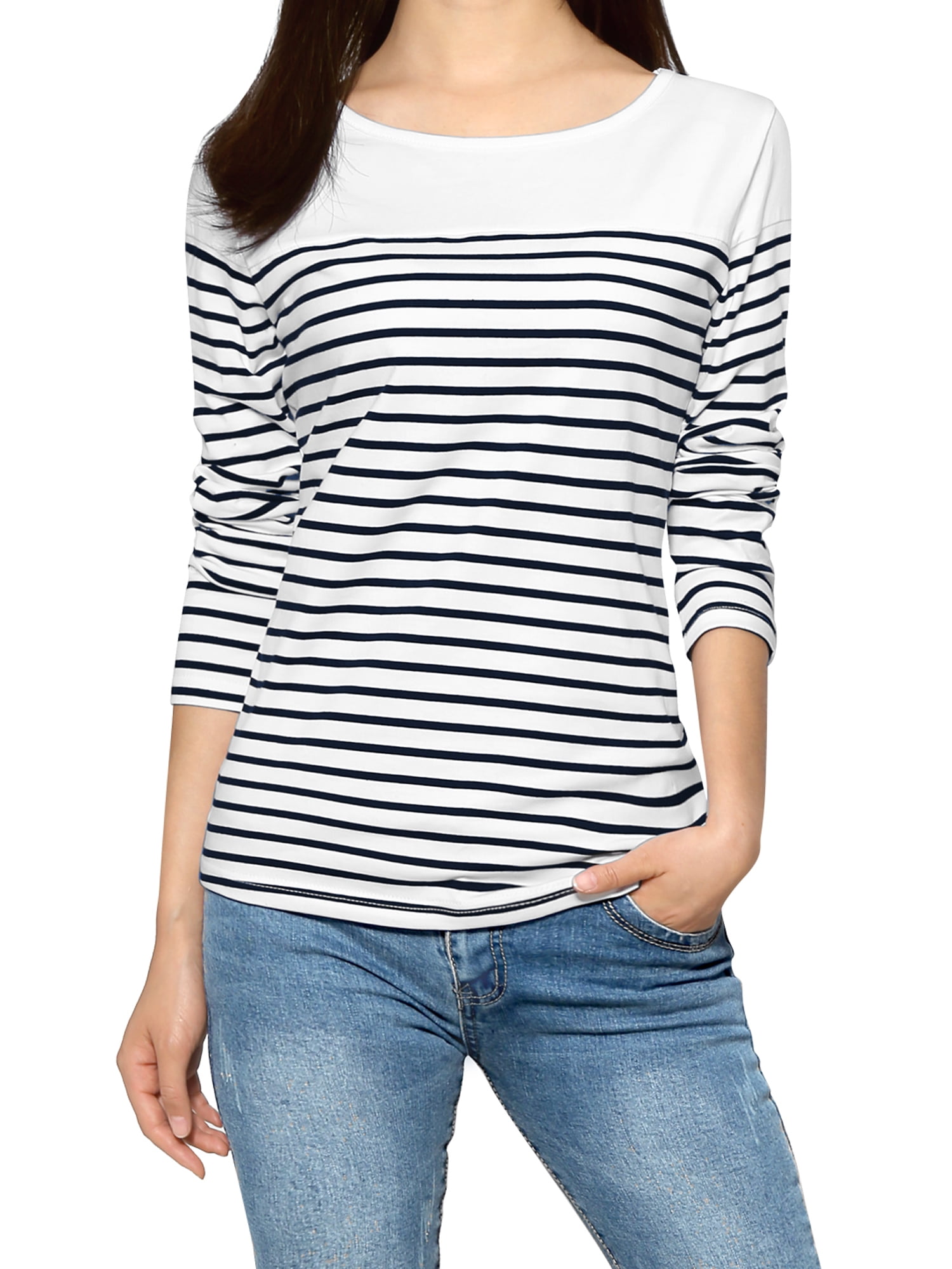 Unique Bargains - Women Horizontal Striped Round Neck Long Sleeves Tee