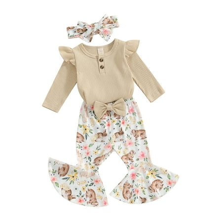 

FEORJGP Infant Baby Girl Easter 3Pcs Outfit Newborn Long Sleeve Romper Solid Ribbed Bodysuit Crew Neck Jumpsuit with FlowerBunny Print Flare Pants Elnd Headband Kids Casual Cute Clothes Set