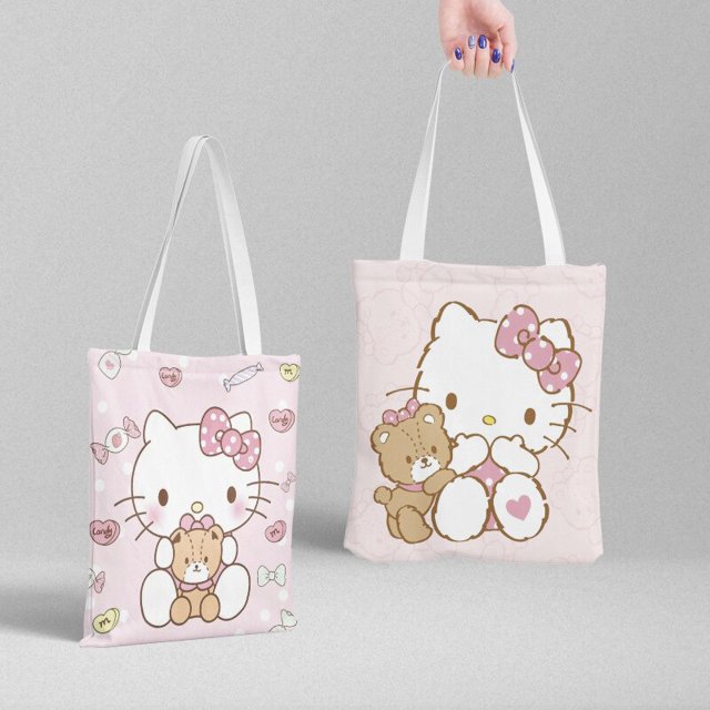 Sanrio-Bolso de mano de lona con dibujos animados para mujer, bolsa de compras de Hello Kitty, Kuromi Cinnamoroll, con bolsillo para archivo, monedero Kawaii