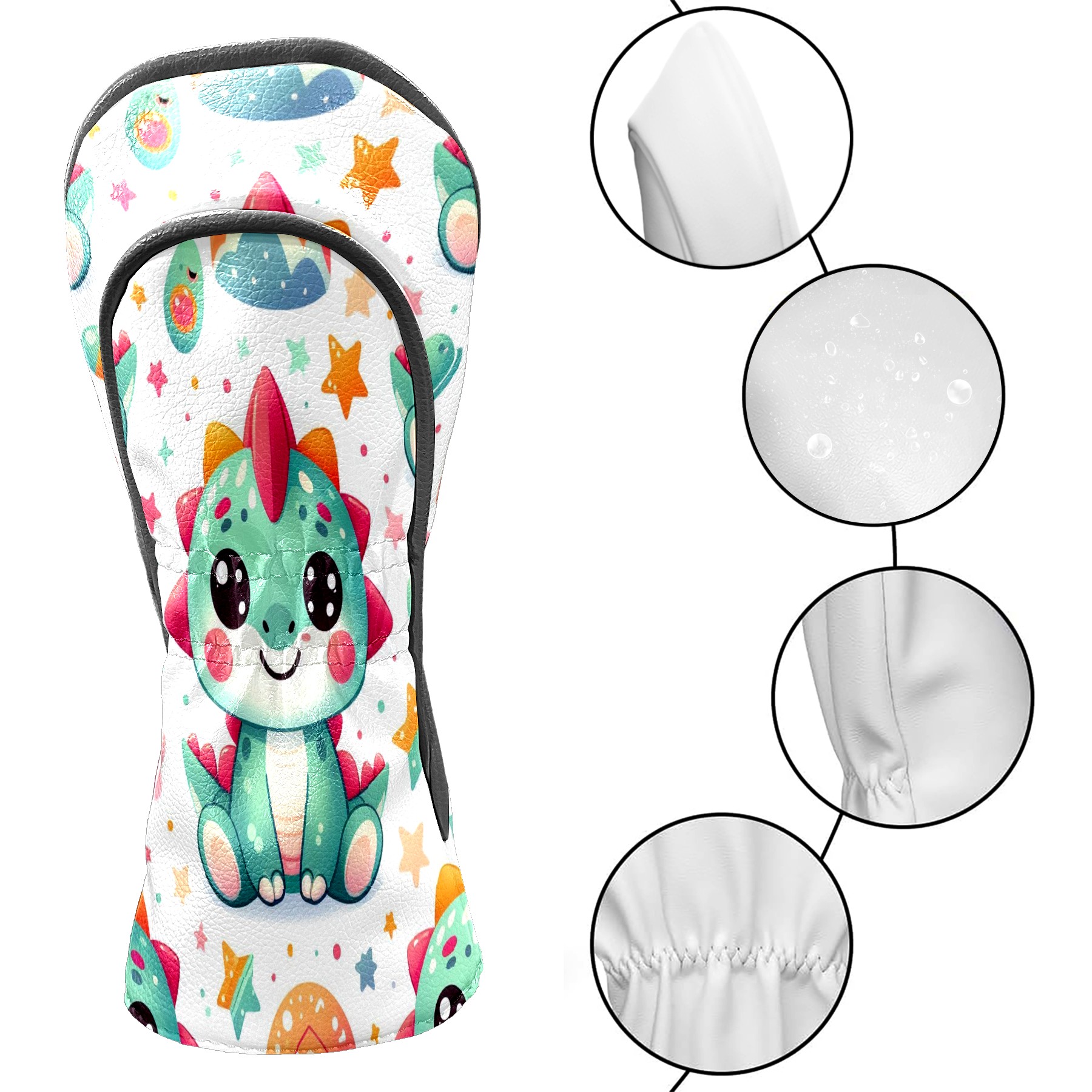 Golf Club Covers, Rainbow Cartoon Dinos Premium PU Leather Driver Hybrid Putter Head Covers with Velvet Lining, Waterproof Golf Gifts for Men Women