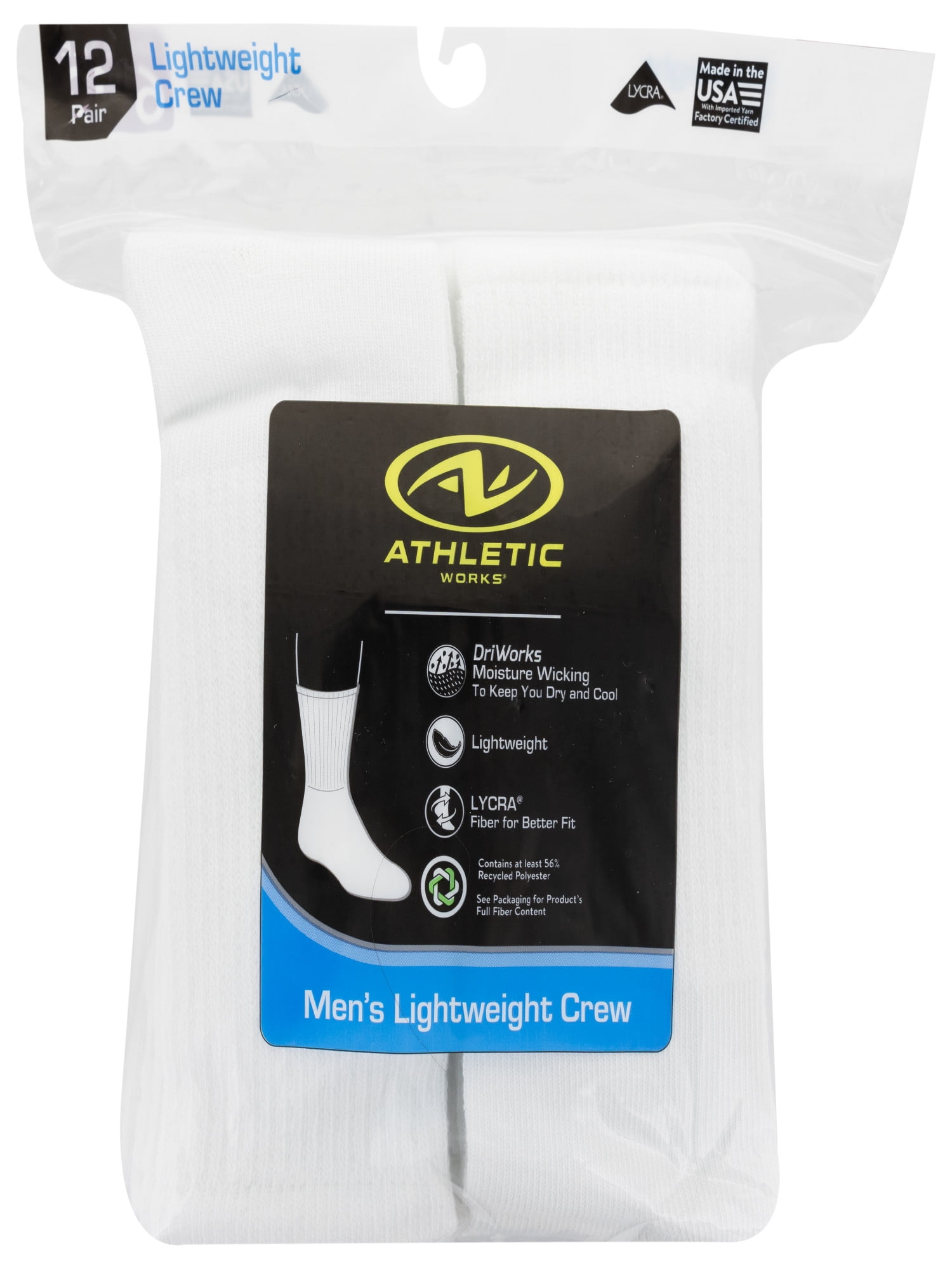 Athletic Works Men's Lightweight Crew Socks, 12-Pack, Moisture-Wicking, Lightweight Fabric, Fits Shoe Sizes 6-12