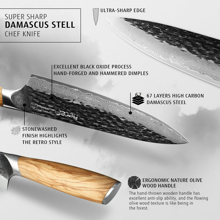 Damascus Knife Set - Pro Kitchen Knife Set Ultra Sharp High Hardness  5 Chef Knives with Ergonomic Handle And Leather Bag