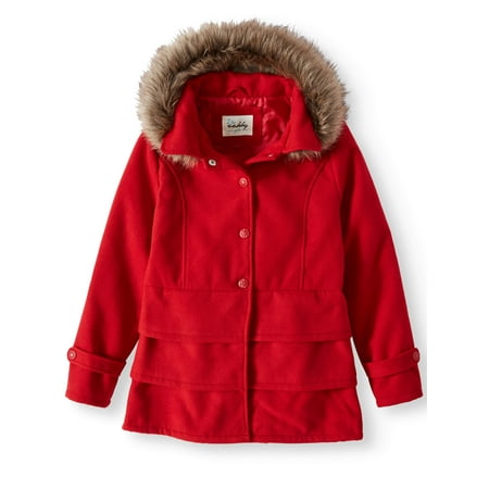 - Sebby Ruffled Hem Wool Blend Coat with Fur Trim Detachable Hood (Little Girls & Big Girls)