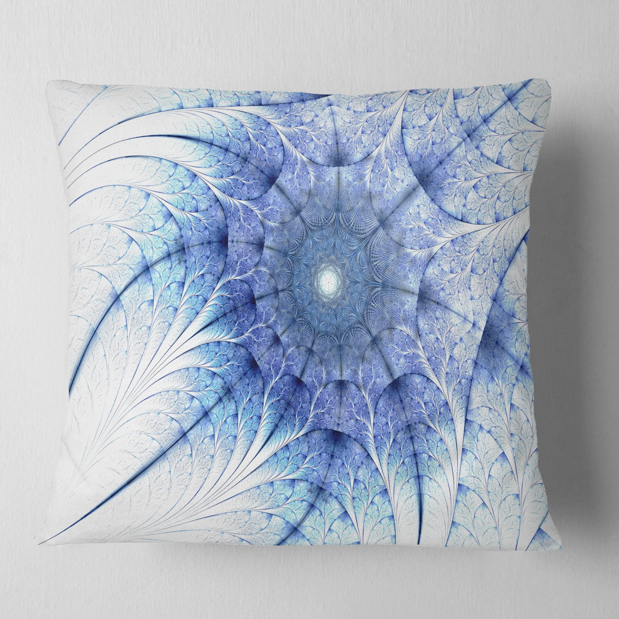 Designart Symmetrical Blue Fractal Flower on White - Abstract Throw Pillow - 16x16