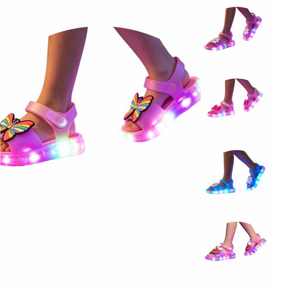 FINALGANG Kids Girls Adjustable Button Strap Flower Decor Light Up Open Toe Sandals LED Luminous Thick Sole Waterproof Summer Holiday Casual Sandals Soft Shoes 8.5-9 Years