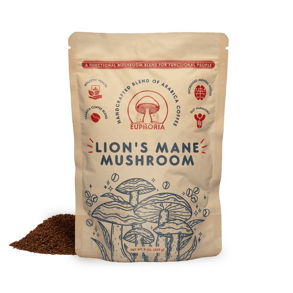 Euphoria Handcrafted Arabica Coffee & Organic Lion's Mane Mushroom | Holistic Health Blend for Mental Focus & Gut Harmony | Organic Ground Coffee | Vegan, Non-GMO | 9 oz (250g)