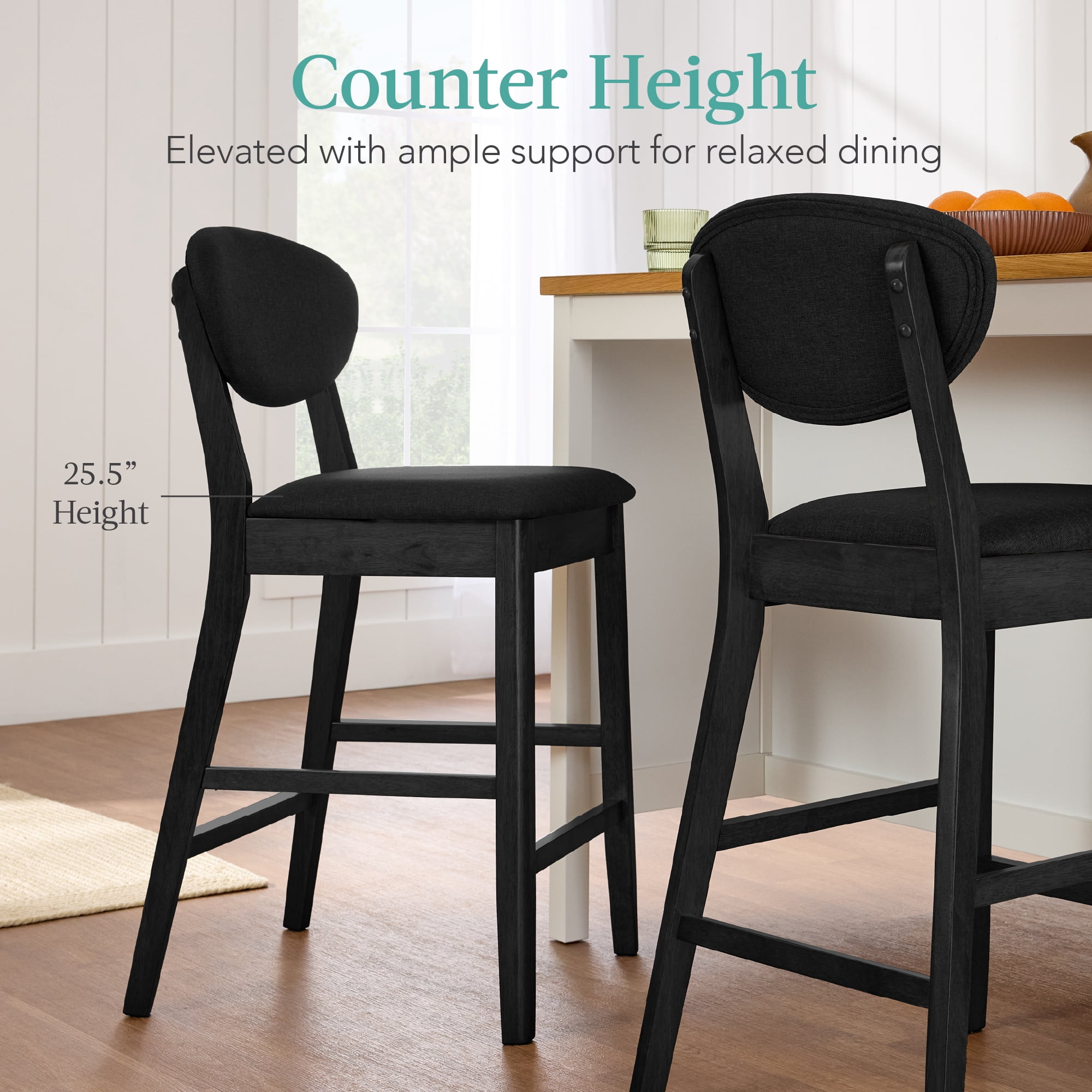 Best Choice Products Set of 2 Counter-Height Bar Stools, Armless W/Upholstered Seat Cushion & Backrest - Black / Black