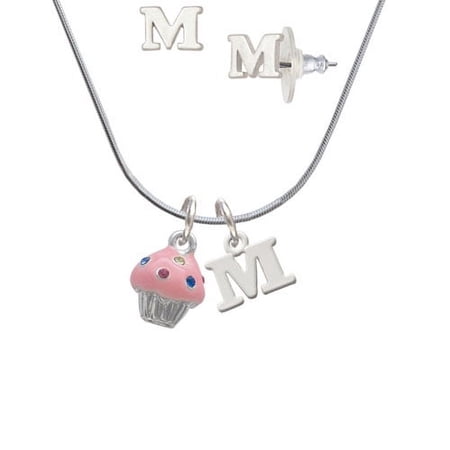 Small Pink Cupcake with Crystal Sprinkles – M Initial Charm Necklace and Stud Earrings Jewelry Set