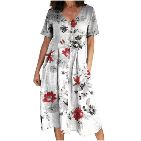 

Geyes Casual Women Dresses Boho Fashion V Neck Button Print Pocket Short Sleeve Dress Casual Loose Flowy Pajamas Beach Dress