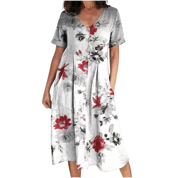 Moda mujer verano estampado casual cuello en V manga corta vacaciones bolsillos botón vestido Fridja bnh3055