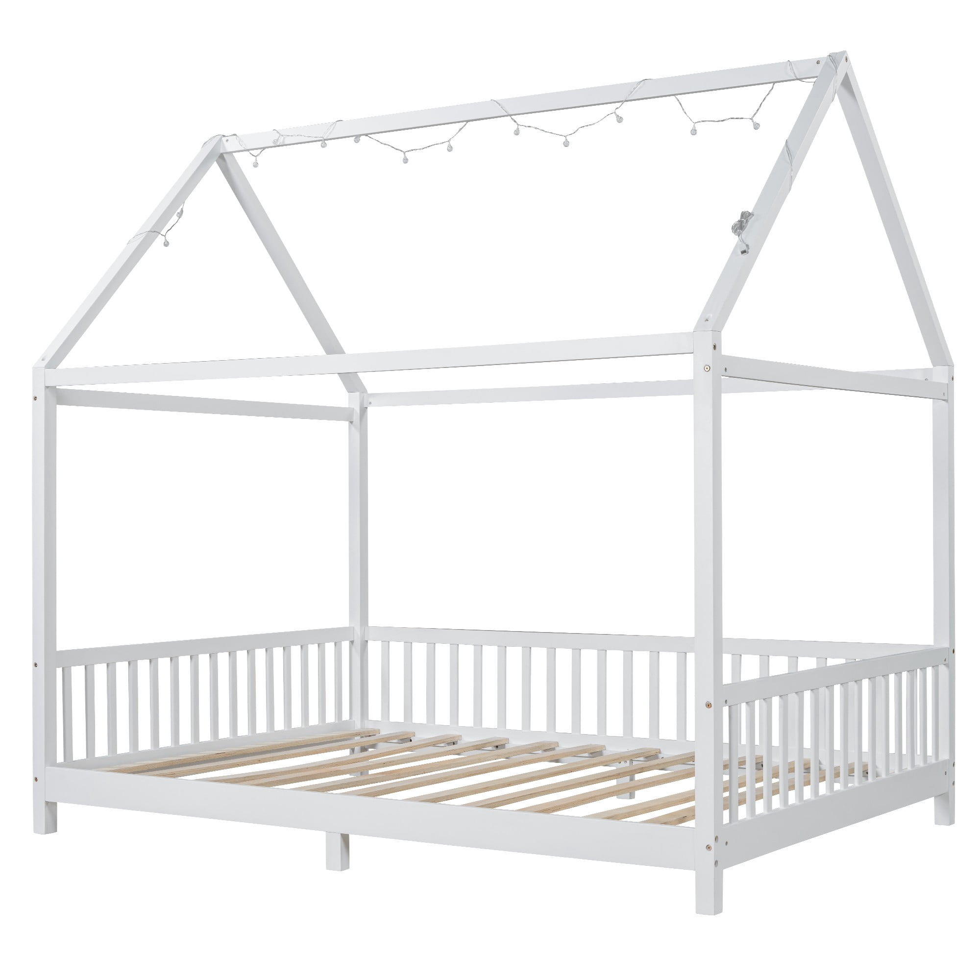 Solid and Stable Wood Full Size House Bed with Guardrail and Led (White)