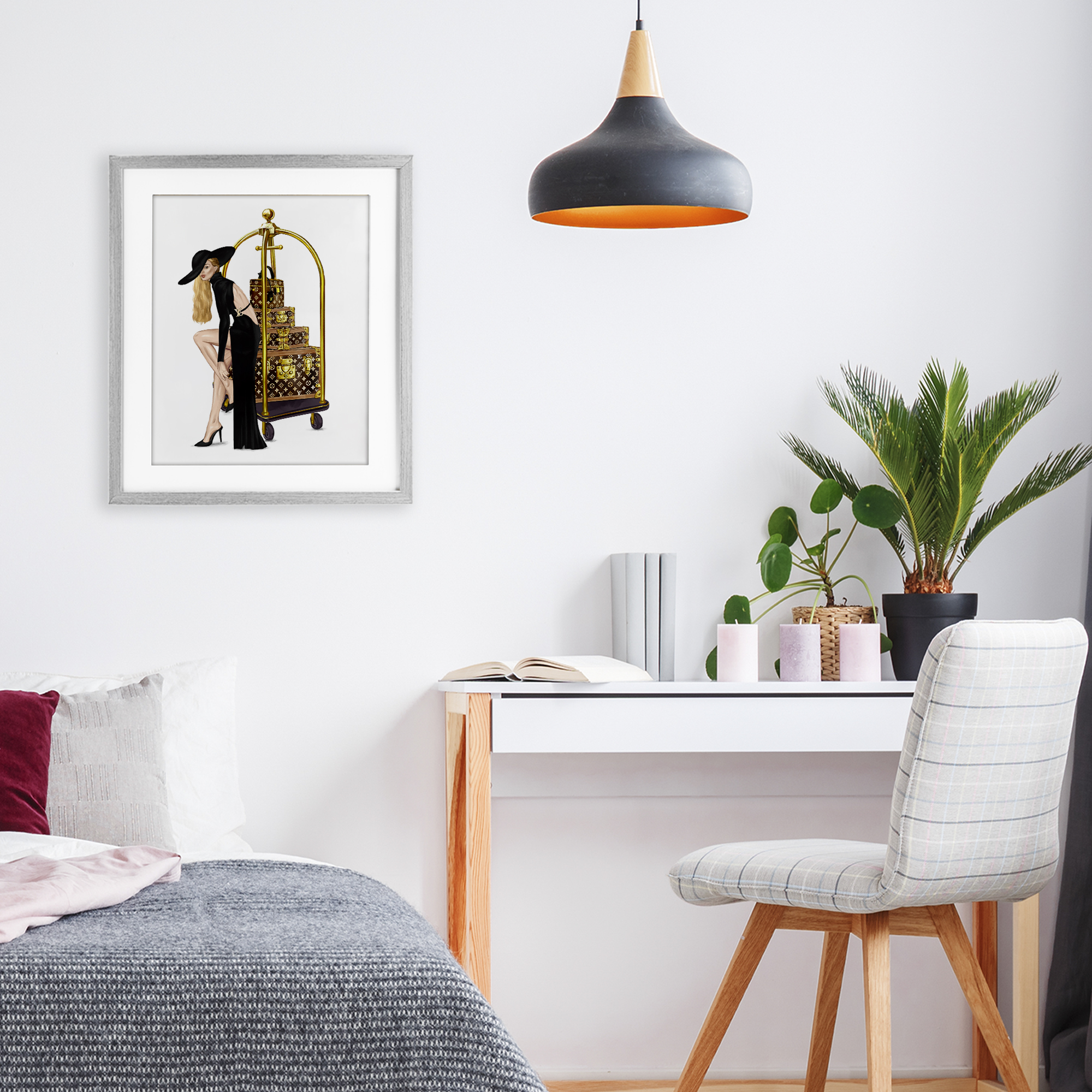 Fashionista with Hotel Luggage Gray Framed Print Under Glass, design by Ziwei Li
