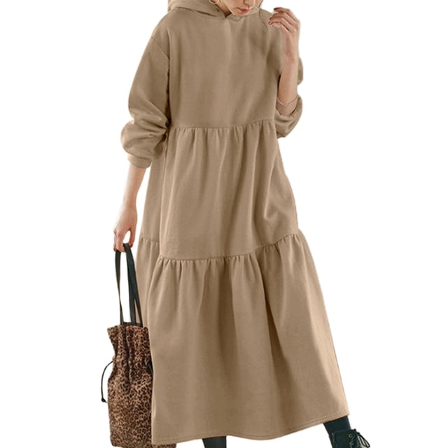 LUXUR Robes Midi pour Femmes Robe de Couleur Unie Manches Longues Évasée à Capuche Abricot m