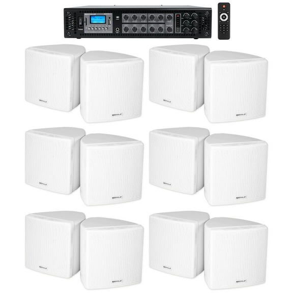 Rockville Commercial 6-Zone Bluetooth Amp 12 3.5" White Cube Restaurant Speakers