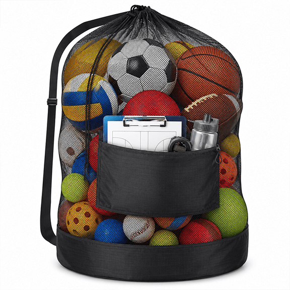 RYLZX Heavy Duty Soccer Ball Net Bag, 40" x *30", Drawstring Mesh Ball Bag with Zipper Pocket, Sports Equipment Storage Organizer for Gym, Beach, Cloth, Swimming Gears