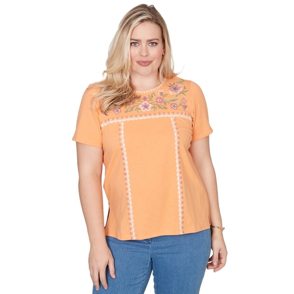Alfred Dunner Womens Petite Embroidered Floral Neck Short Sleeve Tee