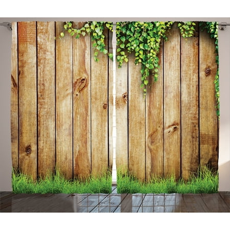 Rustic Home Decor Curtains 2 Panels Set, Fresh Spring Grass and Leaf Plant over Old Wood Fence Garden Field Photo, Window Drapes for Living Room Bedroom, 108W X 84L Inches, Green Brown, by
