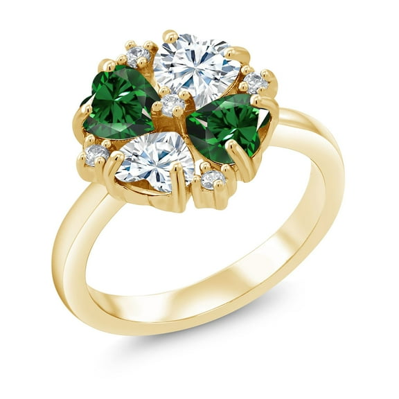 Gem Stone King 18K Yellow Gold Plated Silver Green Nano Emerald and White Moissanite Ring for Women (1.92 Cttw, Heart Shape 5MM, Gemstone May Birthstone, Size 9)