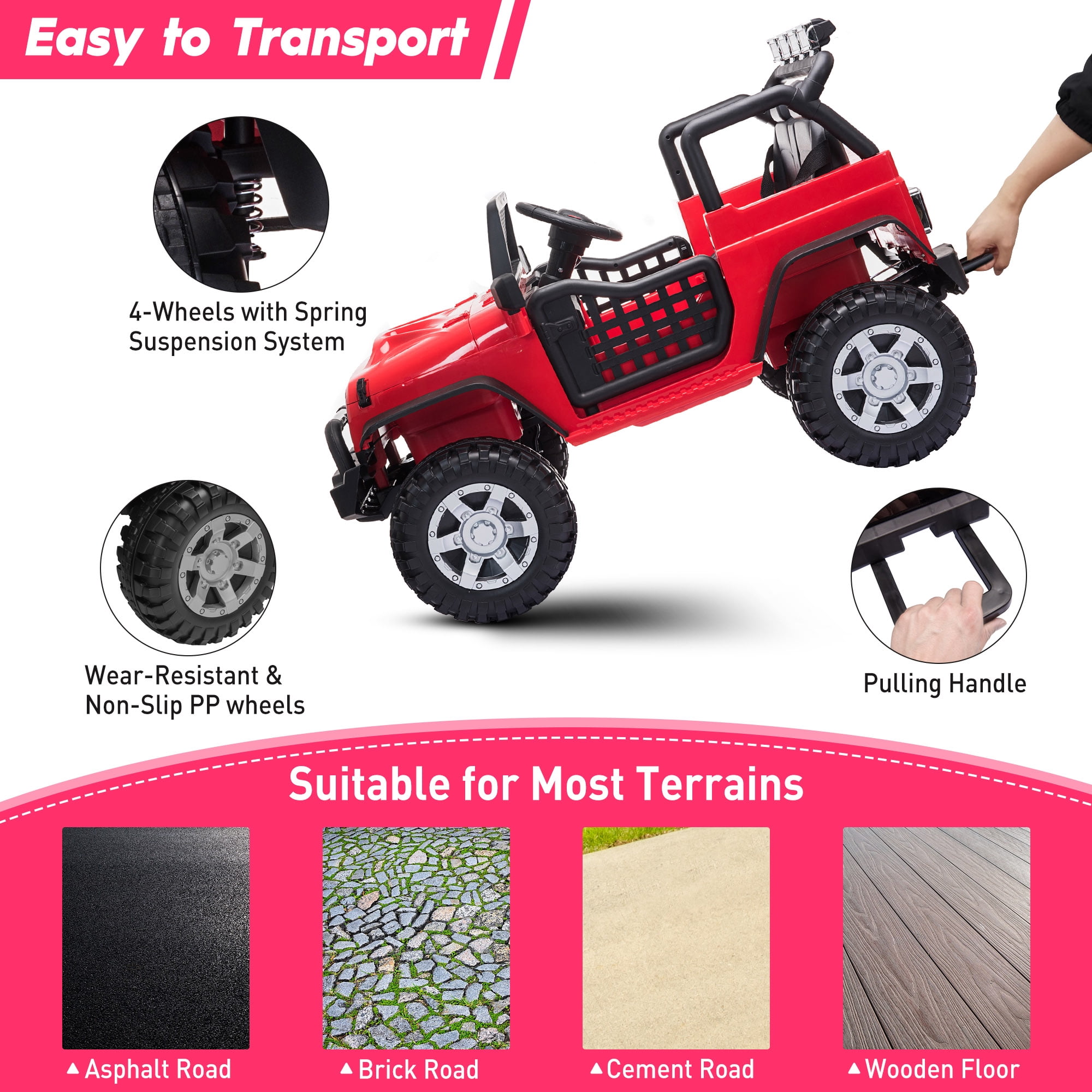 TOBBI 12V Kids Ride on Car, Jeep Car with Remote Control, LED Lights, Music, Horn, Bluetooth, Spring Suspension, Rocking, Red