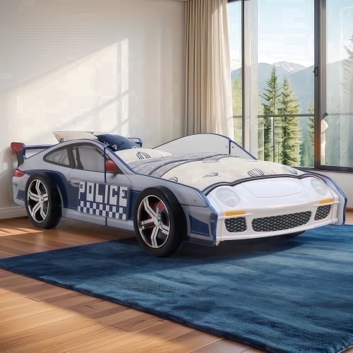 HICOMILA Hero Patrol Police Car Twin Bed ,Policeman Beds, Twin Bed Frame for Boys, LED Headlights, Full Guardrails,Easy Assembly