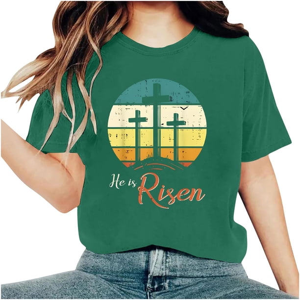 Camisetas de Cuello de Tripulación de Manga Corta para las Mujeres Cartas de Impresión de Pascua Camiseta de Manga Corta, Spandex de Poliéster