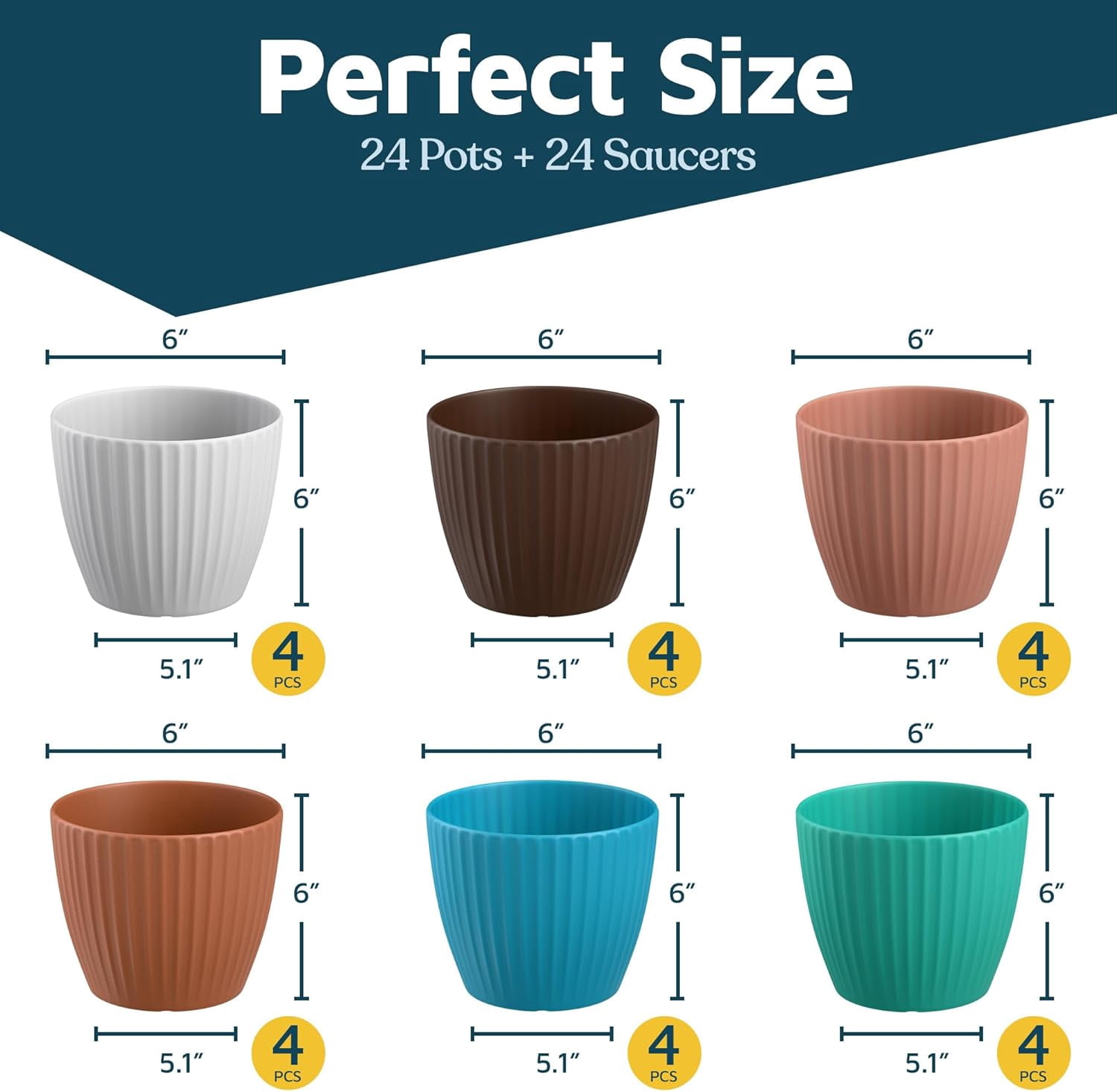Multicolor 6-Inch Plant Pots with Drainage & Saucers 24 Pack, Indoor & Outdoor Planters for Houseplants, Herbs, and Flowers, Durable & Weatherproof Material, Stackable, Lightweight, Minimalist Design