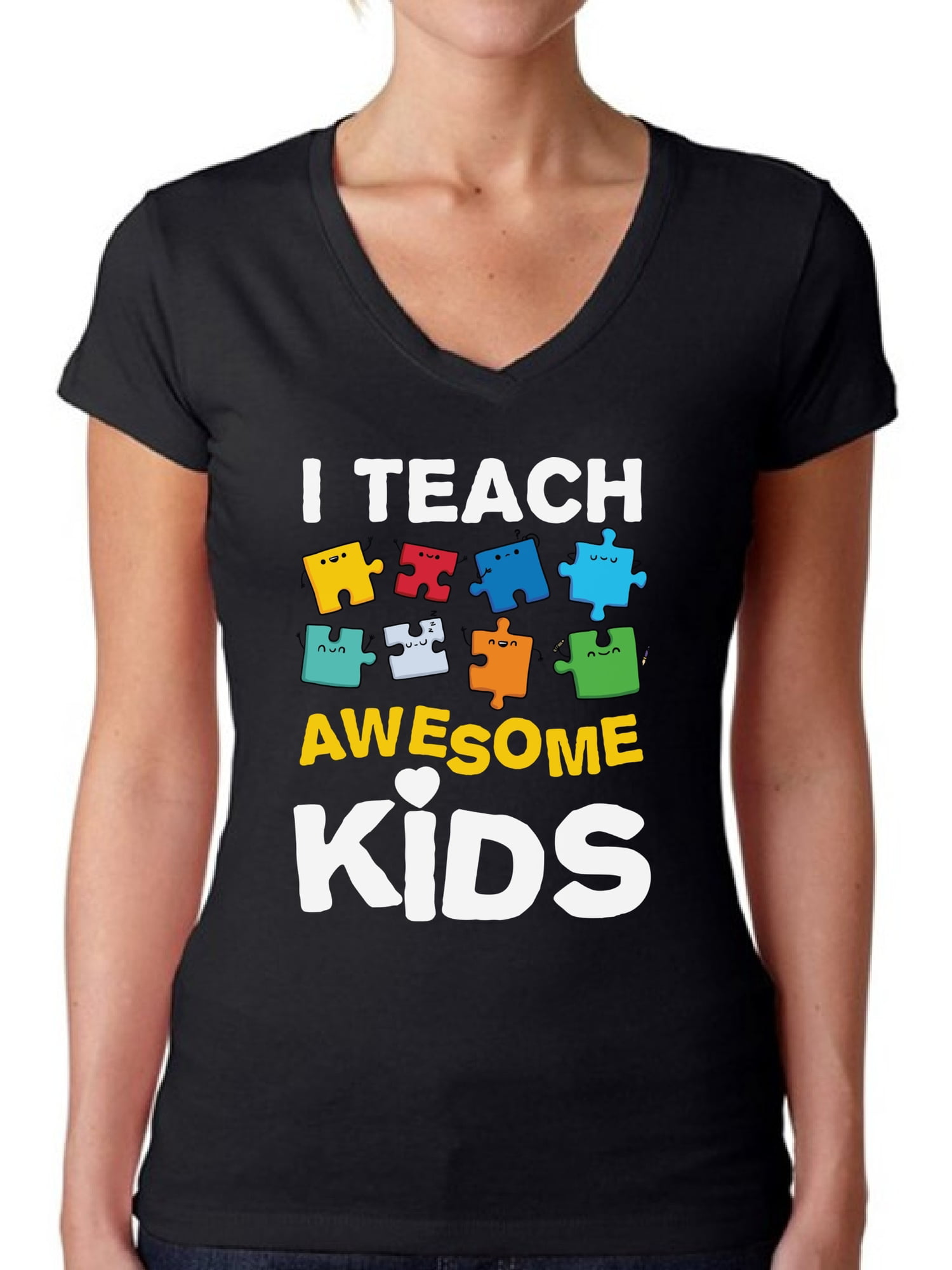 Awkward Styles Women's Autism Awareness Puzzle V-neck T-shirt I Teach ...