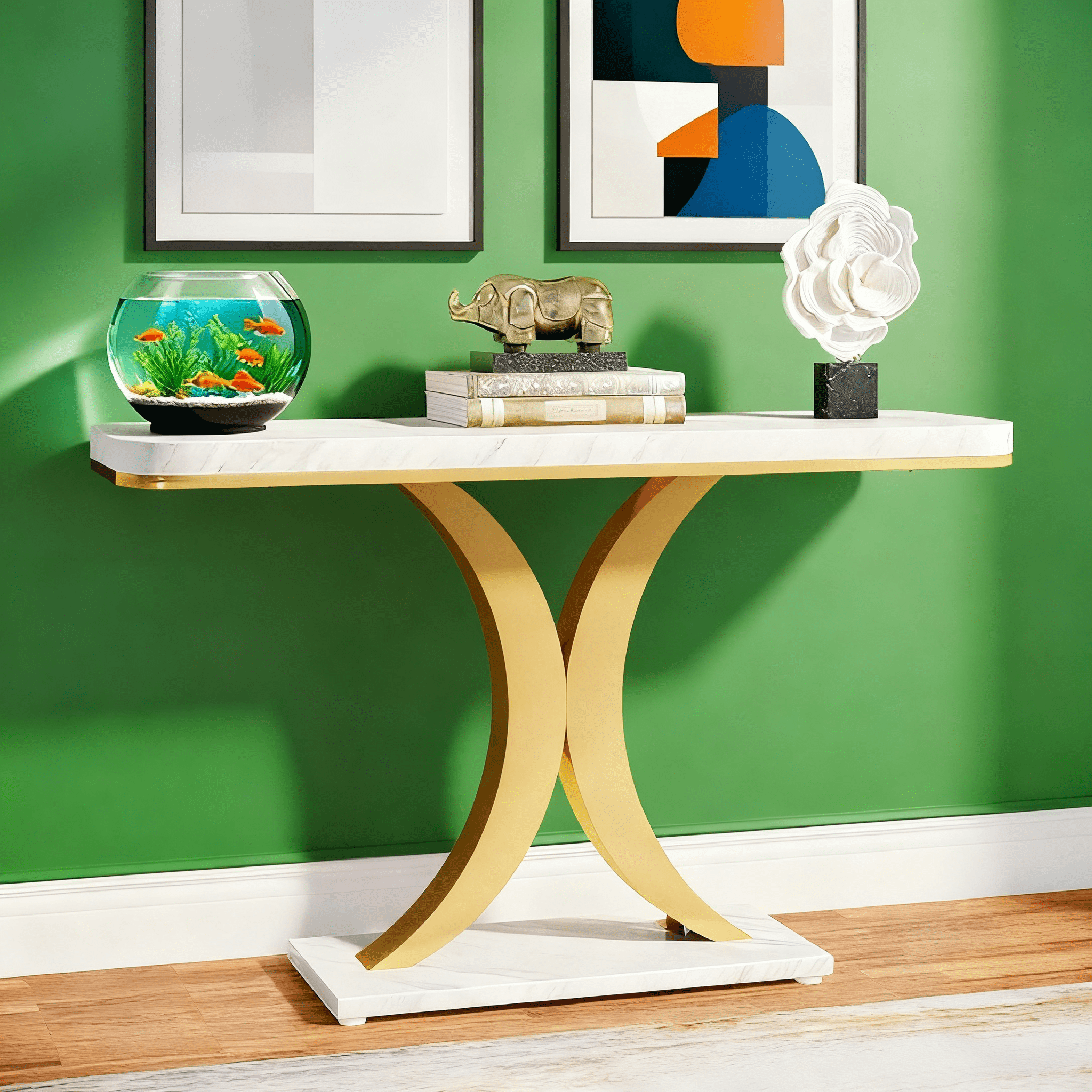 39.4" Industrial Console Table - Rustic Brown Wood Grain with Curved Edge, Heavy-Duty Geometric Base, Narrow Entryway Table for Living Room, Hallway & Foyer